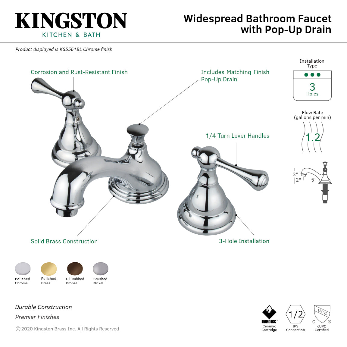 Kingston Tulare KS5561BLTwo-Handle 3-Hole Deck Mount Widespread Bathroom Faucet with Brass Pop-Up, Polished Chrome — thumbnail 3